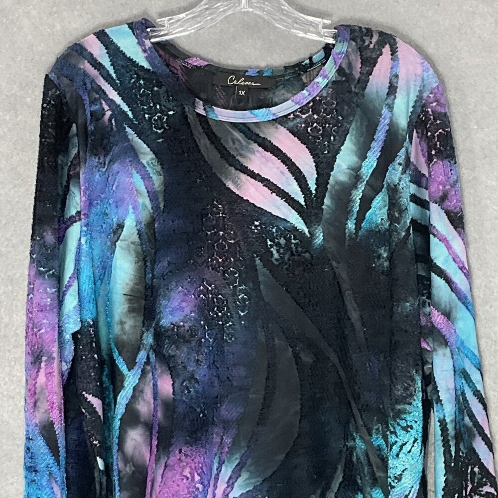 Calessa Top‎ Womens Sz 1X Midnight Sky Asymmetrical Hem Round Neckline Blouse - Picture 4 of 14